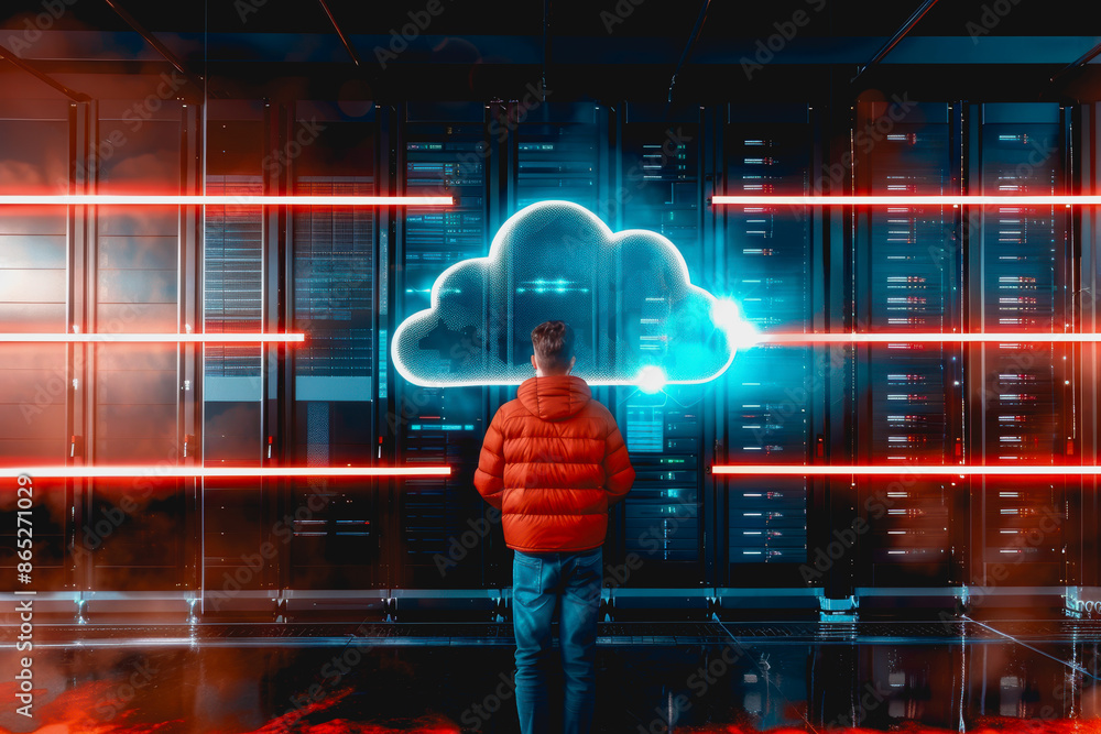 Poster person engaging with advanced digital cloud interface in high-tech environment.