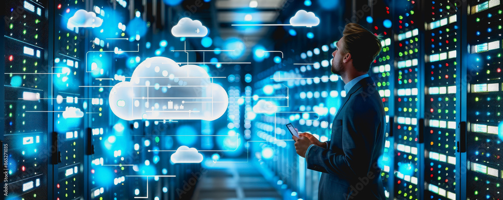 Poster person engaging with advanced digital cloud interface in high-tech environment.