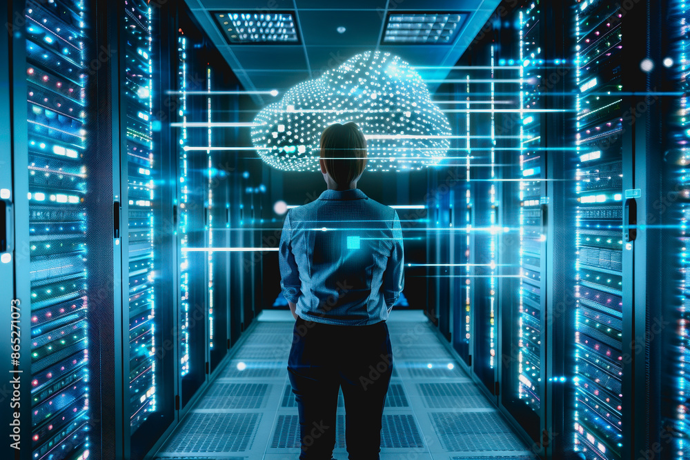Poster person engaging with advanced digital cloud interface in high-tech environment.