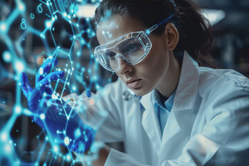 Scientist doctor hand touches virtual molecular structure in the lab.