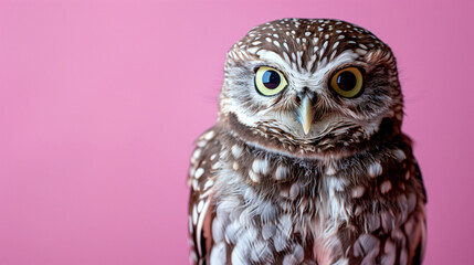 Obraz premium A curious owl with wide eyes and head slightly tilted, against a soft purple background, positioned on the right side with the left side empty.
