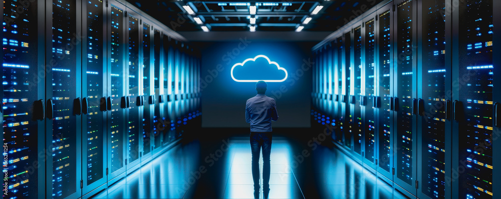 Aufkleber person engaging with advanced digital cloud interface in high-tech environment.
