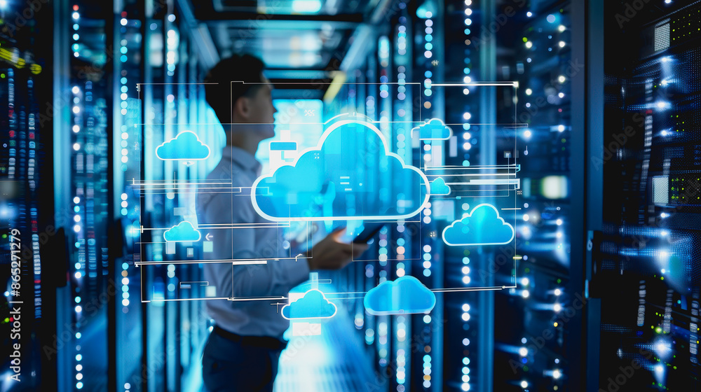 Aufkleber person engaging with advanced digital cloud interface in high-tech environment.