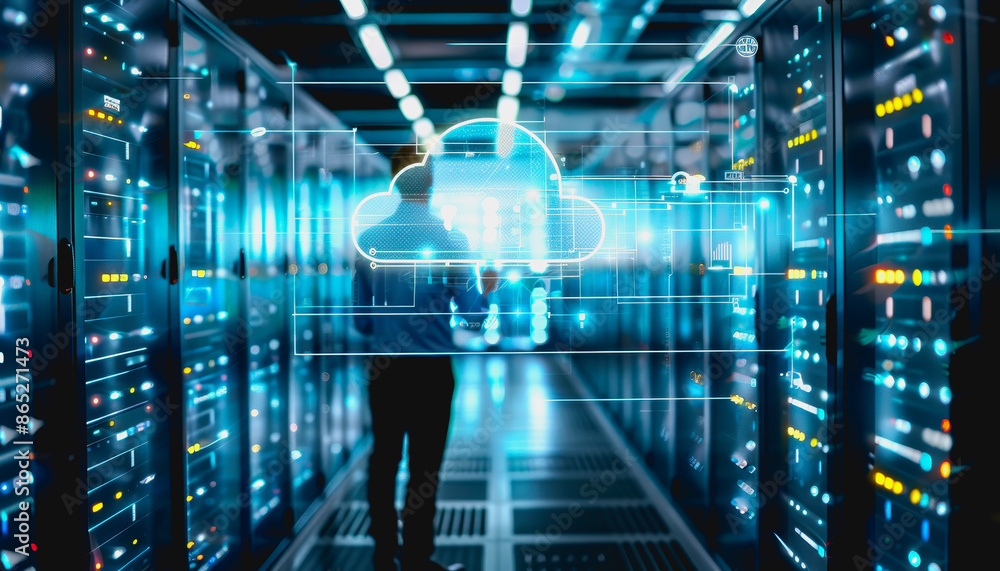 Poster person engaging with advanced digital cloud interface in high-tech environment.