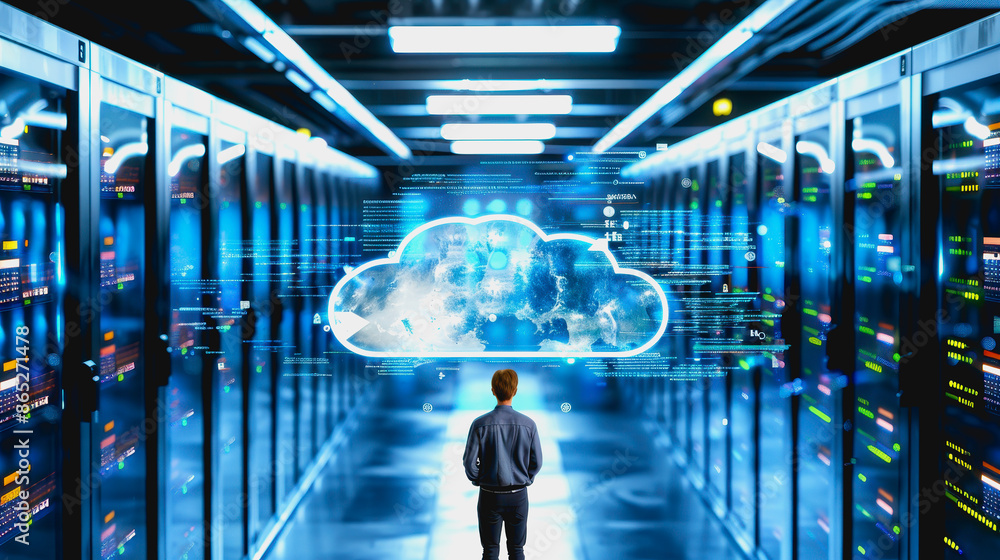 Poster person engaging with advanced digital cloud interface in high-tech environment.