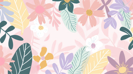 Banner of garden flower and leaves on soft pastel color, pattern design for fashion.