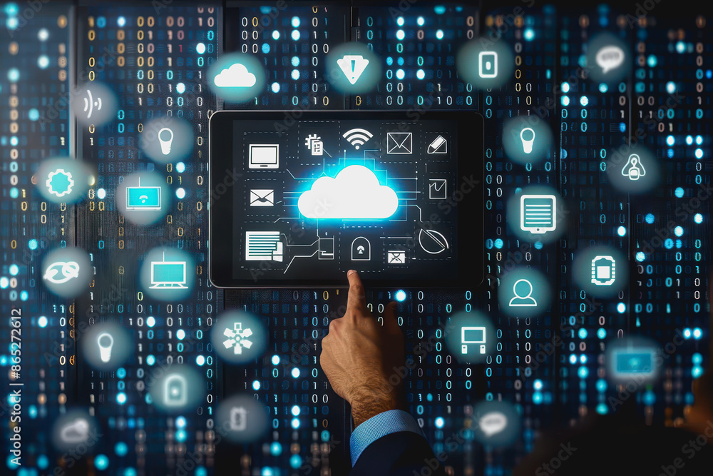 Aufkleber person using holographic cloud interface in high-tech data center