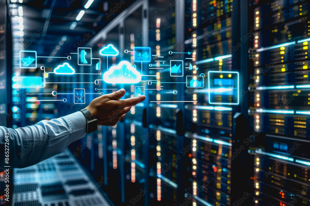 Poster person using holographic cloud interface in high-tech data center