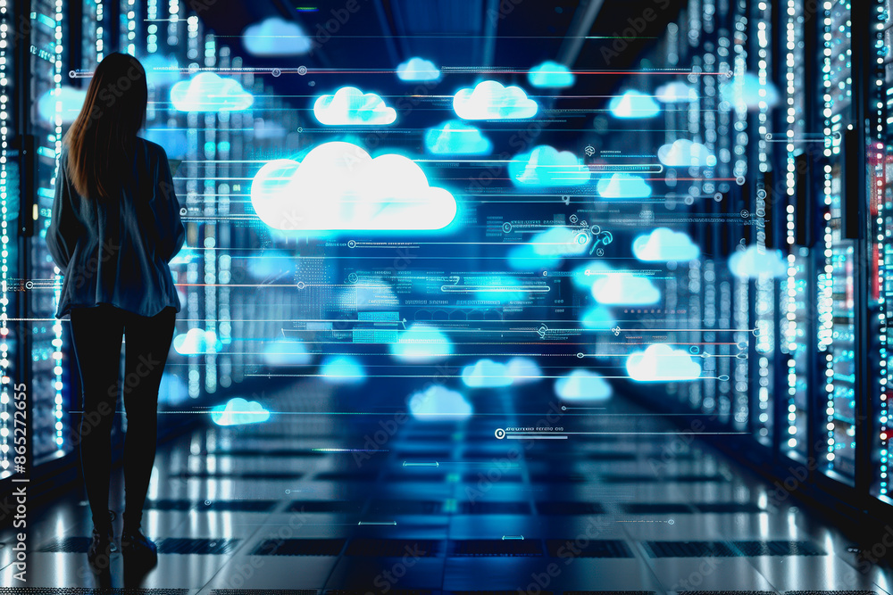 Poster person using holographic cloud interface in high-tech data center