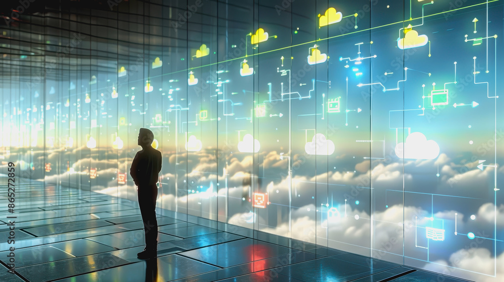 Aufkleber person using holographic cloud interface in high-tech data center