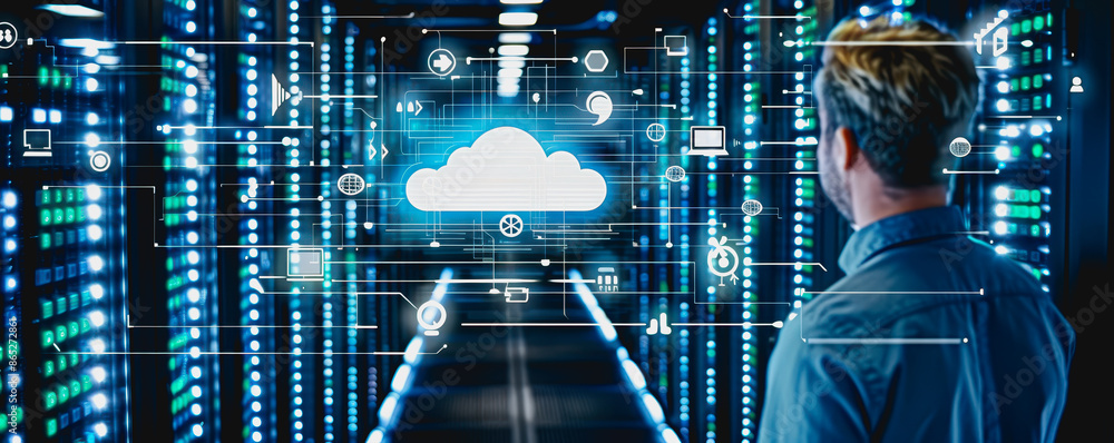 Aufkleber person using holographic cloud interface in high-tech data center