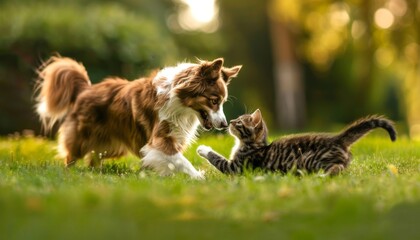 A dog and a cat play together on the grass. Pets share a playful adventure. Puppy and kitten