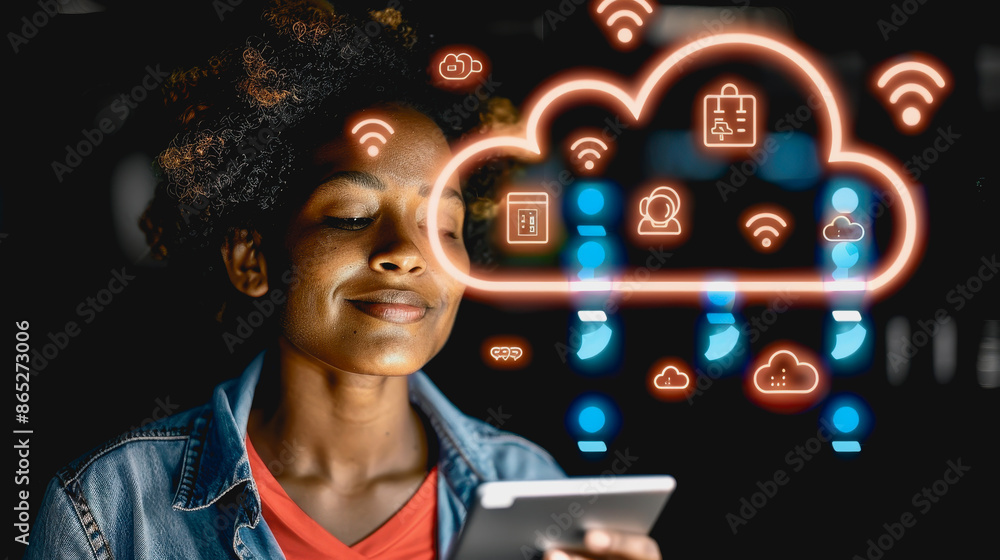 Poster person operating sophisticated digital cloud interface in state of the art data center