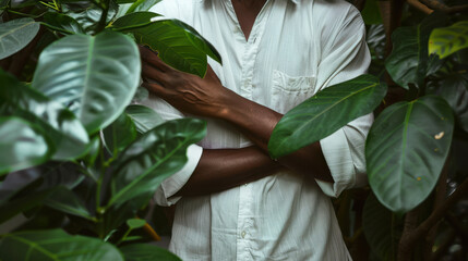 Obraz premium a man's upper body, wearing a white loose shirt, hands gently crossed over chest, surrounded by green plants