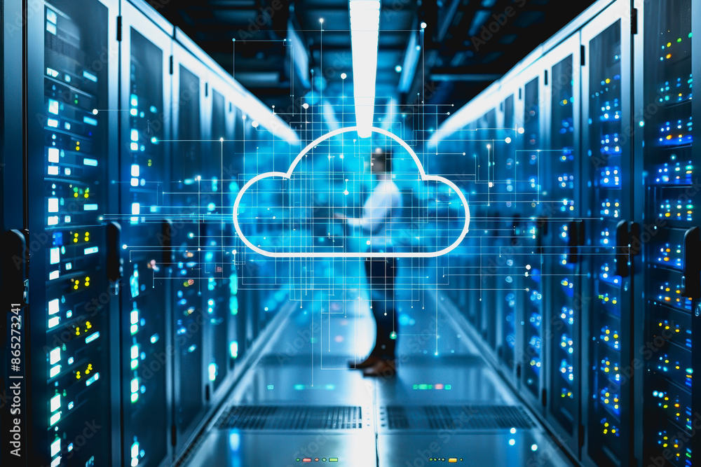 Poster person operating sophisticated digital cloud interface in state of the art data center
