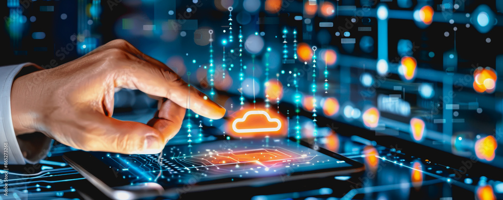 Poster person operating sophisticated digital cloud interface in state of the art data center