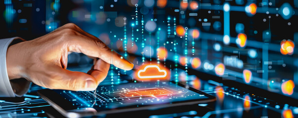 Person operating sophisticated digital cloud interface in state of the art data center