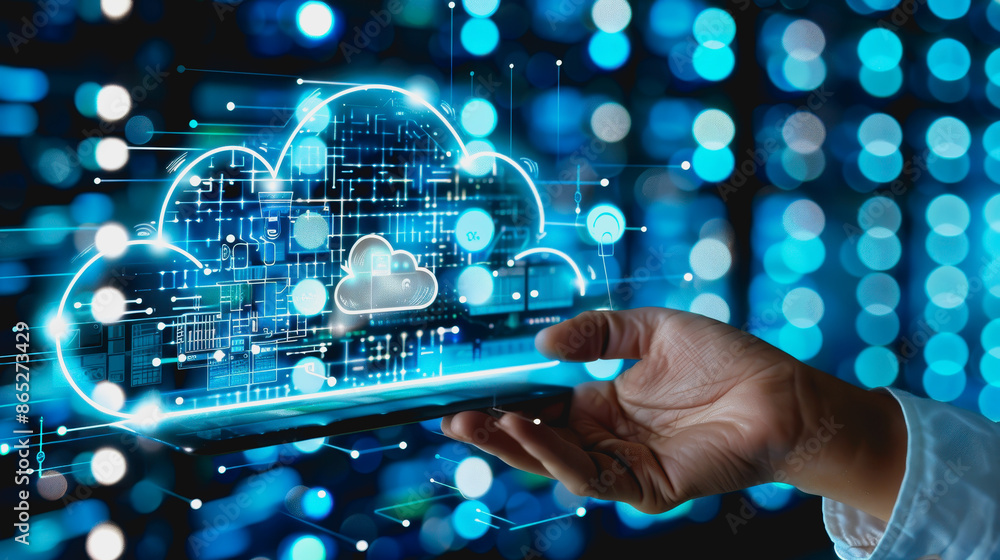 Poster person operating sophisticated digital cloud interface in state of the art data center