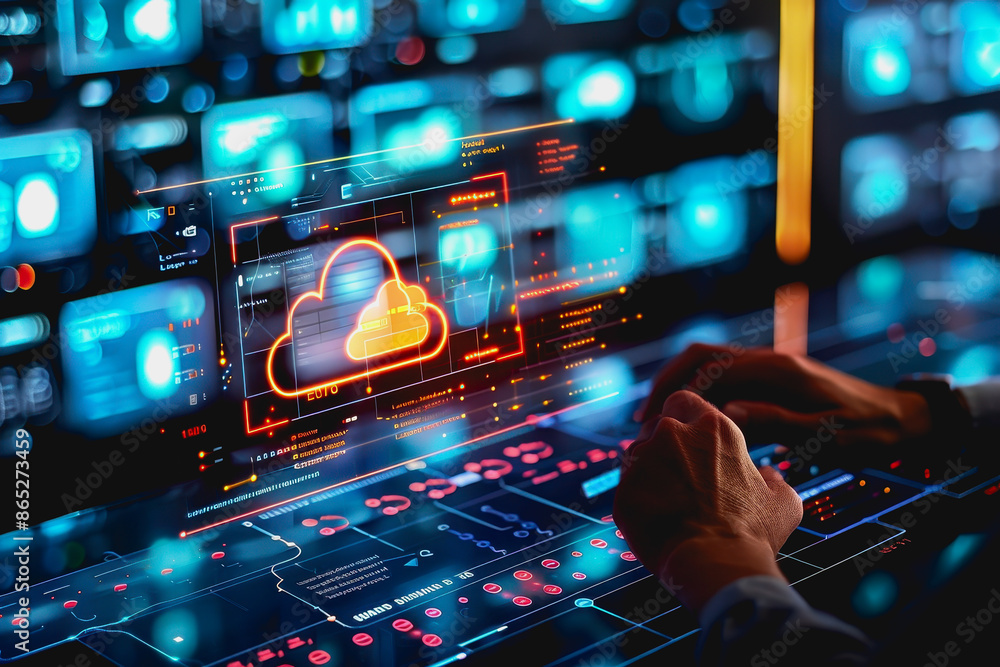 Poster person operating sophisticated digital cloud interface in state of the art data center