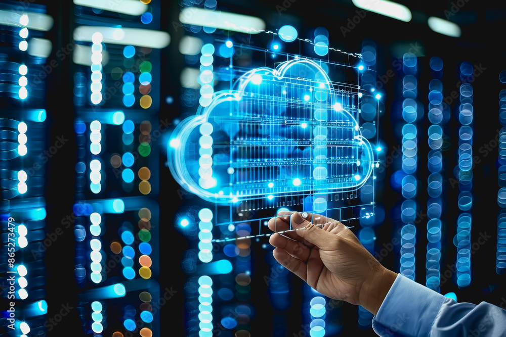 Poster person operating sophisticated digital cloud interface in state of the art data center