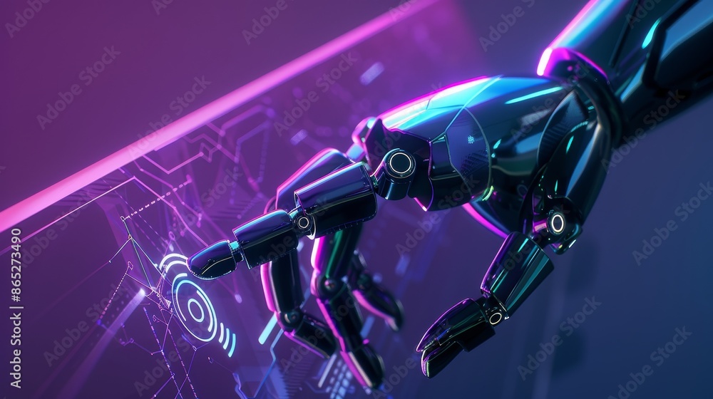 Poster artificial intelligence futuristic design concept with robot mechanical arm pressing the index finge