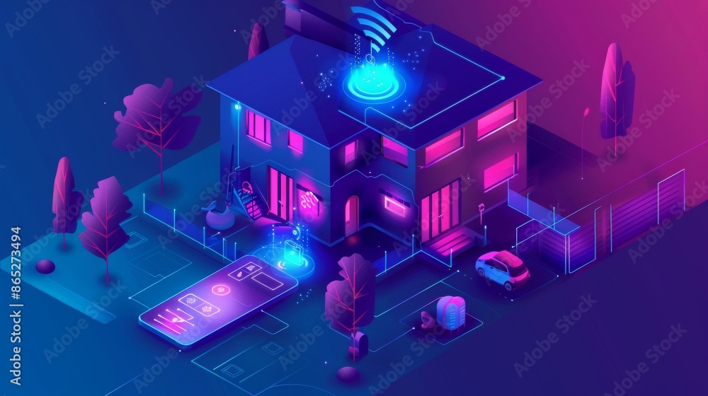 Poster smart home obeys your smartphone commands by controlling the devices in your house. concept. modern 