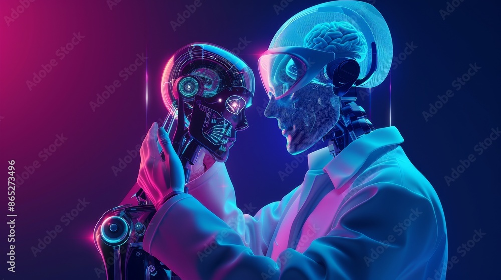 Aufkleber a man repairing a robot. an engineer designs a robot's brain. a scientist programs a cybernetic brai