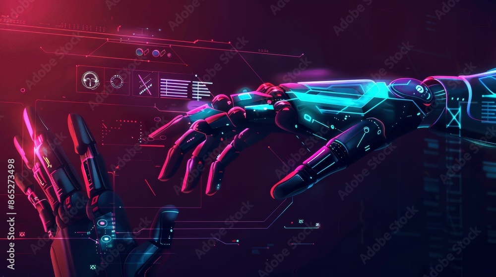 Poster work of robotic hand with virtual graphic interface. head-up display