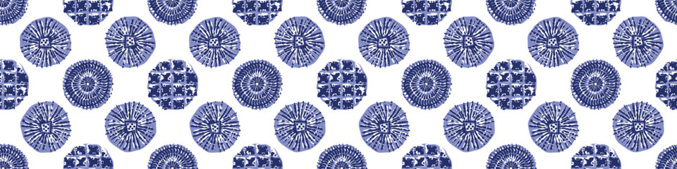 Indigo blue Japanese dot block print effect border. Seamless hand made vector design for fabric batik washi tape and faded fashion edging. 