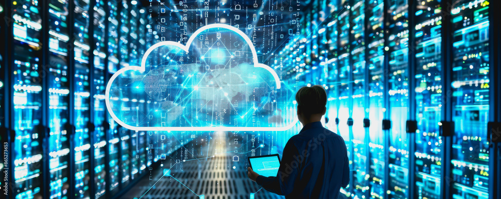 Poster person operating sophisticated digital cloud interface in state of the art data center