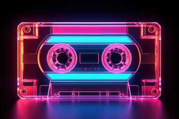 Retro cassette tape with neon vibrant colors against black background. 80s and 90s music and design.