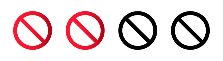 Red and black ban icon set. Editable vectors stop prohibitions black and red icon. No sign, empty no symbol. Forbidden sign not allowed in red and black. ban icon symbol. Stop entry sign. Vector icon.