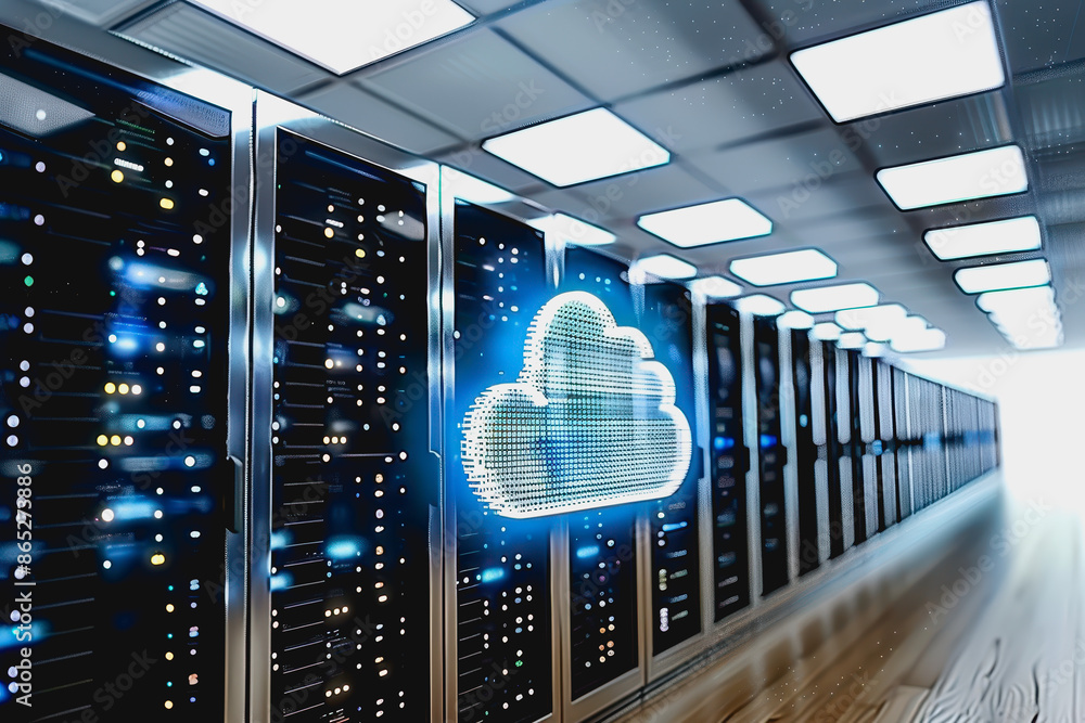 Poster person operating sophisticated digital cloud interface in state of the art data center