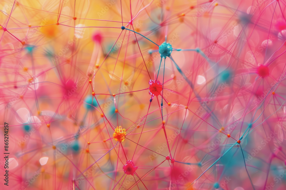 Poster abstract futuristic wave with colorful lines connecting dots. digital data communication background.