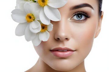 Fototapeta premium Beautiful nice female face with health skin - white background 