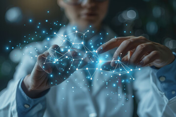 Scientist doctor hand touches virtual molecular structure in the lab.