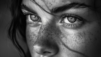 Obraz premium A contemplative gaze with thoughtful soulful eyes. Black and white art