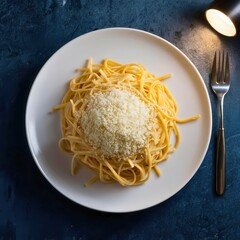 Delicious plate of spaghetti with grated cheese on top, served on a white plate with a fork, captured on a dark contrasting background.
