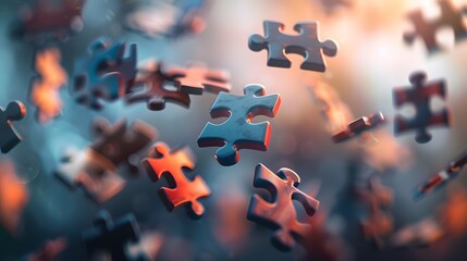 Floating Puzzle Pieces: Several puzzle pieces floating in mid-air, coming together to form a complete picture against a blurred background.