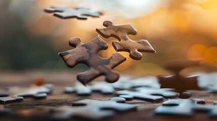 Floating Puzzle Pieces: Several puzzle pieces floating in mid-air, coming together to form a complete picture against a blurred background.