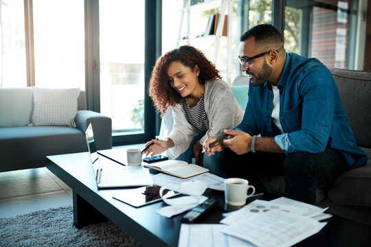 House, couple and documents for budget, laptop and planning for invoice, savings and home loan. Apartment, man and woman on sofa, pc and paperwork for last will and testament with mortgage payment