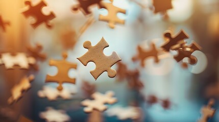 Floating Puzzle Pieces: Several puzzle pieces floating in mid-air, coming together to form a complete picture against a blurred background.