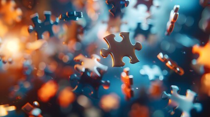 Floating Puzzle Pieces: Several puzzle pieces floating in mid-air, coming together to form a complete picture against a blurred background.