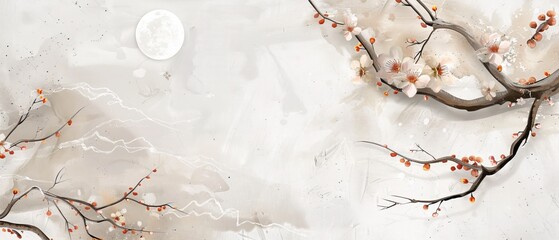 Vintage style branch with flowers and leaves. Cherry blossoms with moon element on natural landscape. Modern background with watercolor texture.