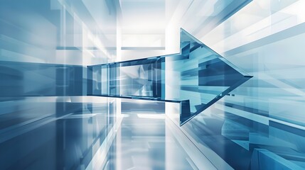 Obraz premium Transparent 3D Glass Arrow Pointing Forward Through Abstract Geometric Shapes