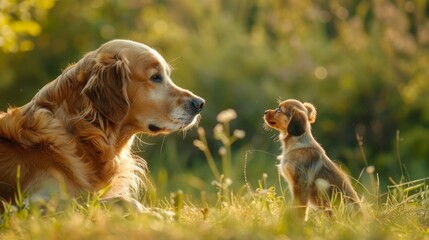 Dog looking curiously at a small animal in the wild