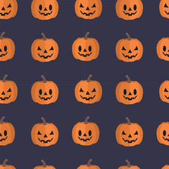 Halloween seamless pattern. Pumpkin face on a dark purple background. Vector illustration for wrapping paper, fabric, cover