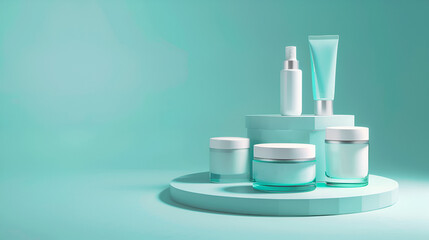 Unbranded cosmetic cream jars and tubes on green podium.ai generative