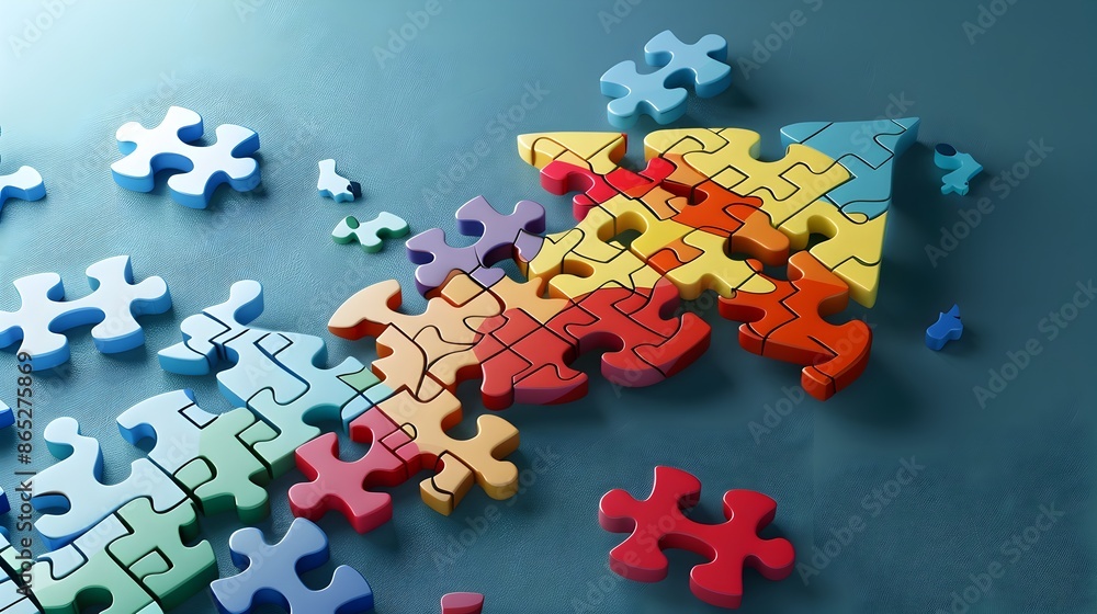 Poster 3d arrow made of puzzle pieces symbolizing business solutions and problem solving
