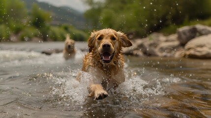 Dog splashing in a shallow river, having a blast
